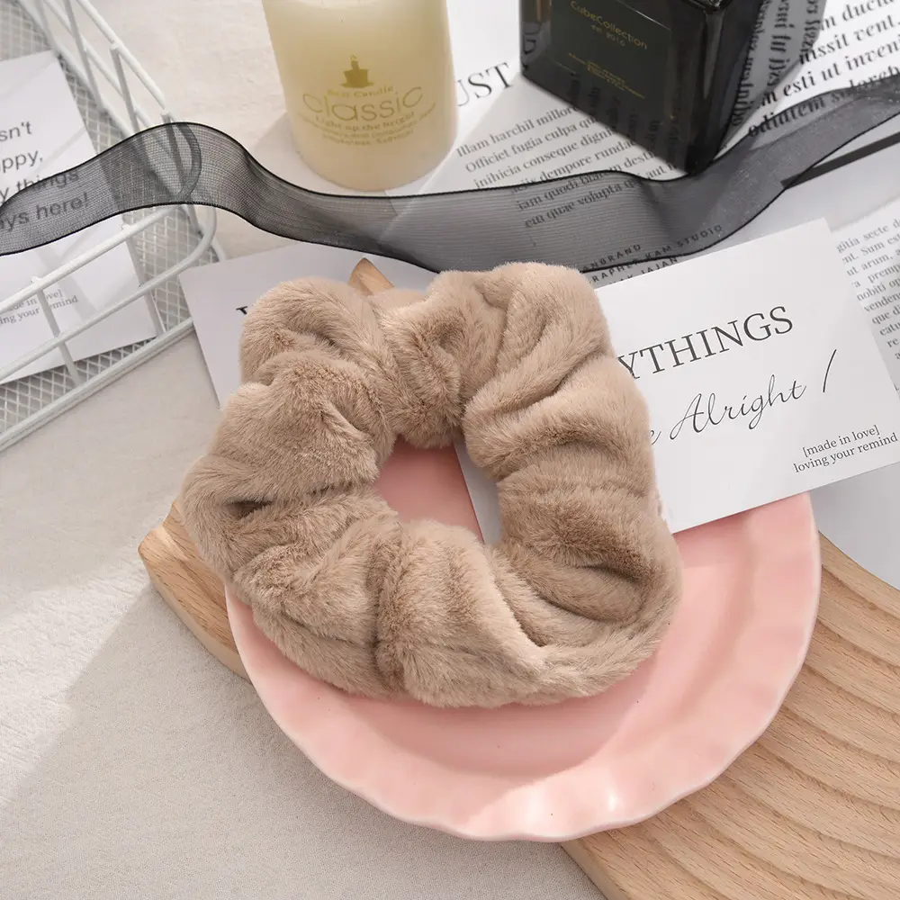 Plush Fat Faux Fur Hair Ring Brown