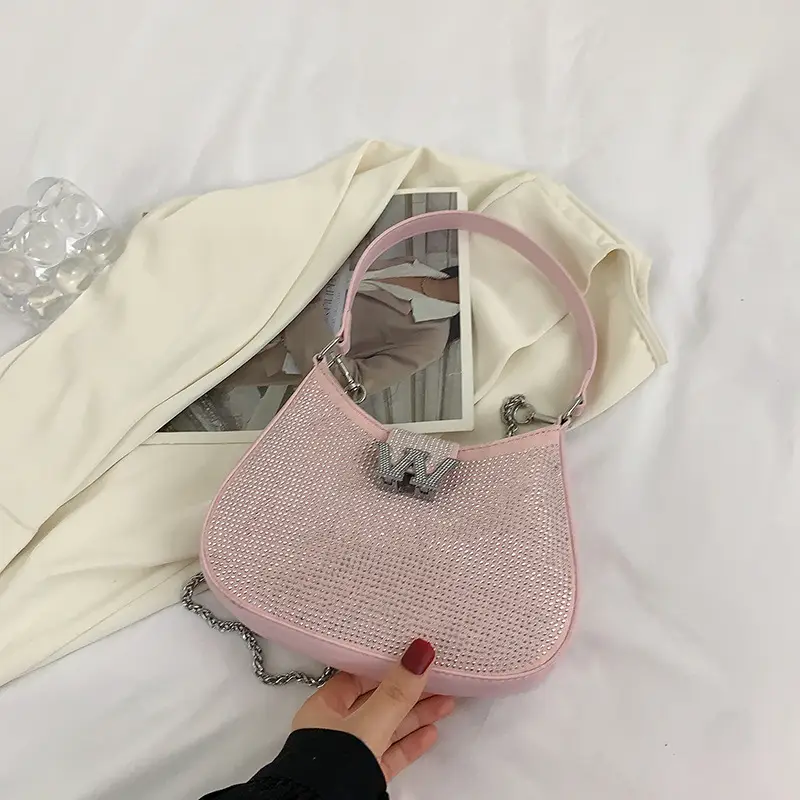 Pink Rhinestone Women's Shoulder Bag Set