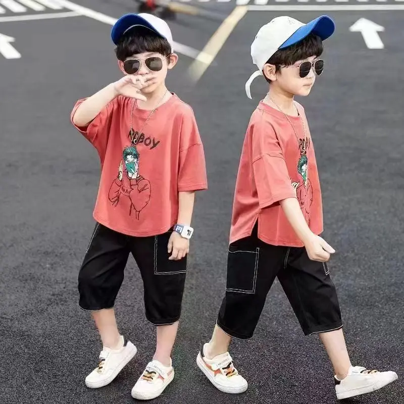 Kids Summer Outfit Blue T-Shirt Capri Shorts Set - Image 5