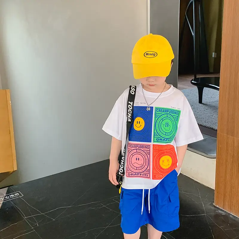 Kids White Cartoon T-Shirt Blue Shorts Set — feature 1