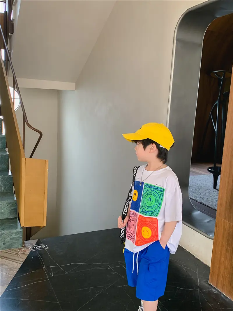 Kids White Cartoon T-Shirt Blue Shorts Set — feature 11