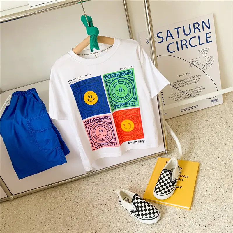 Kids White Cartoon T-Shirt Blue Shorts Set — feature 2