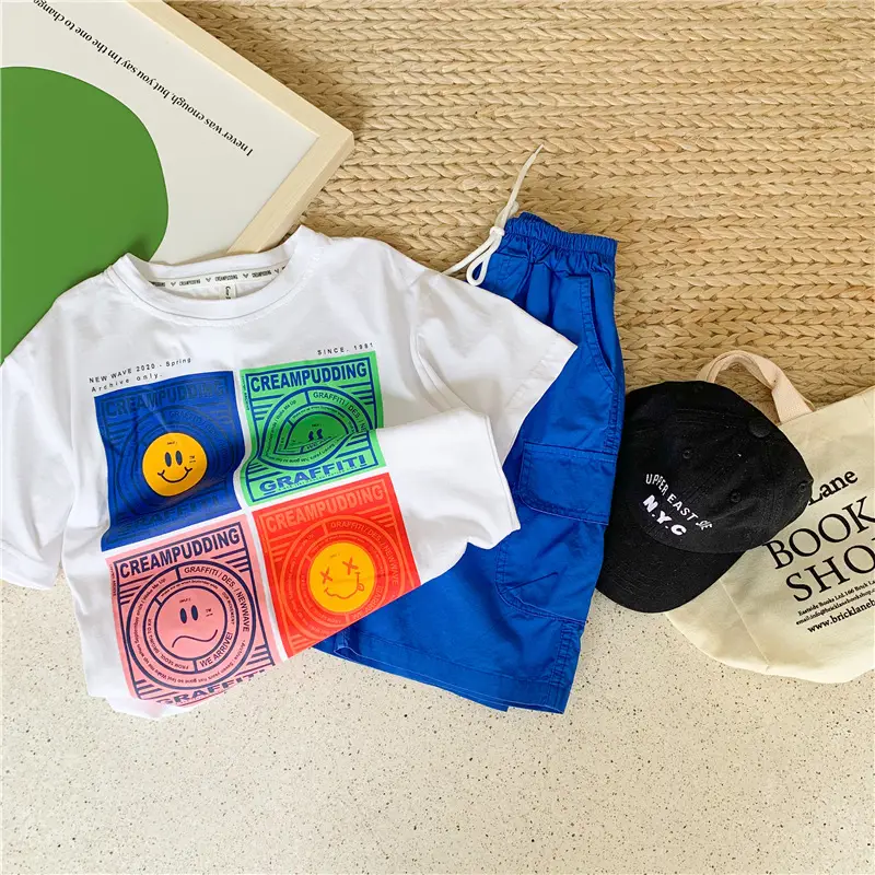 Kids White Cartoon T-Shirt Blue Shorts Set — feature 3