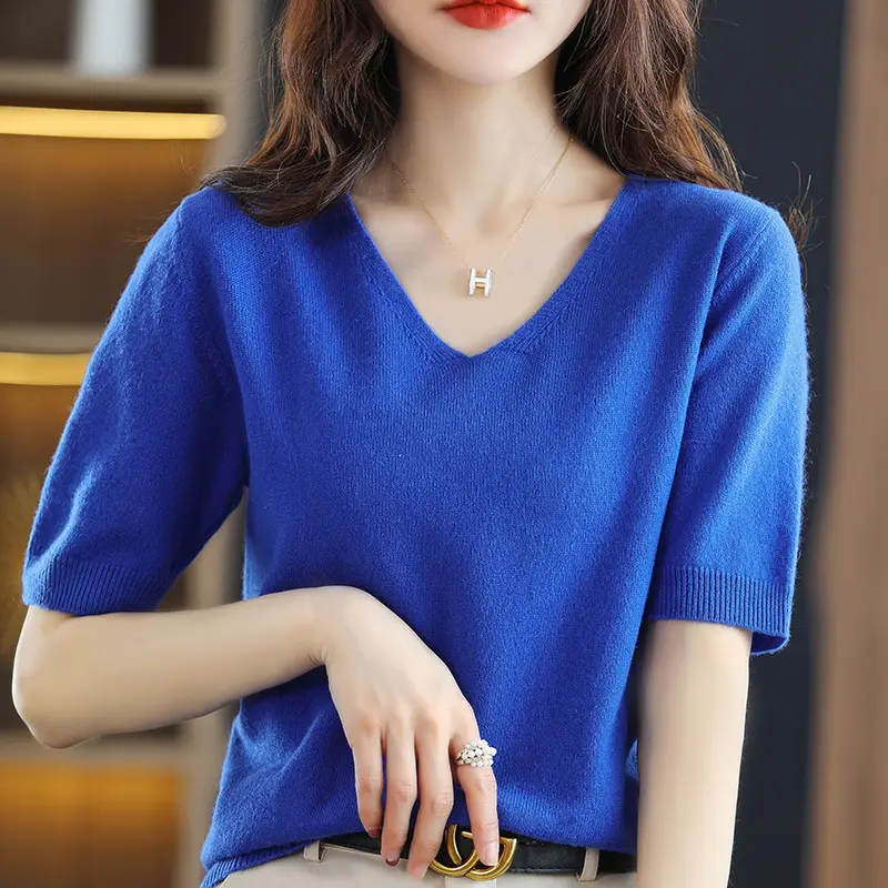 Blue V-Neck Knit V-Pullover Women Casual Top - Image 12