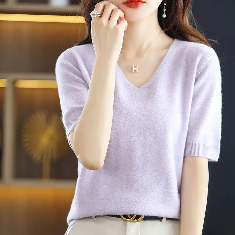 Blue V-Neck Knit V-Pullover Women Casual Top - Image 13