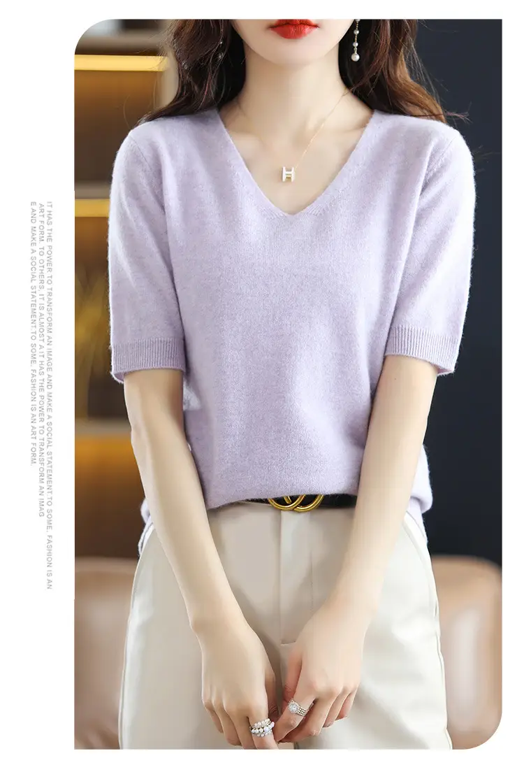 Blue V-Neck Knit V-Pullover Women Casual Top — feature 10
