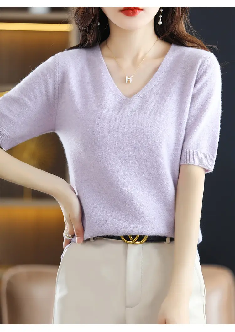 Blue V-Neck Knit V-Pullover Women Casual Top — feature 11