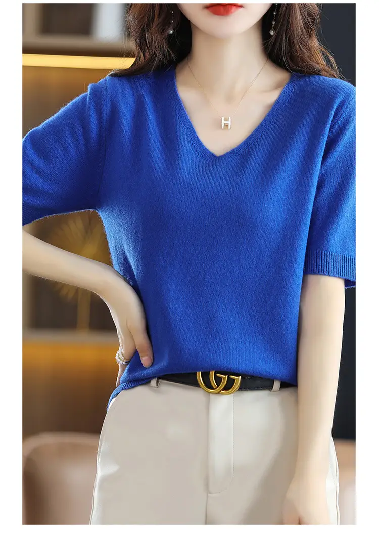Blue V-Neck Knit V-Pullover Women Casual Top — feature 13