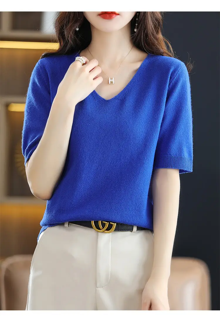 Blue V-Neck Knit V-Pullover Women Casual Top — feature 14