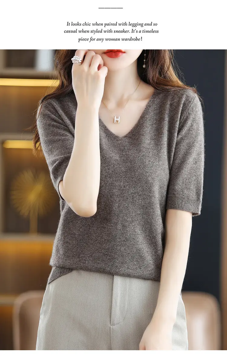 Blue V-Neck Knit V-Pullover Women Casual Top — feature 15