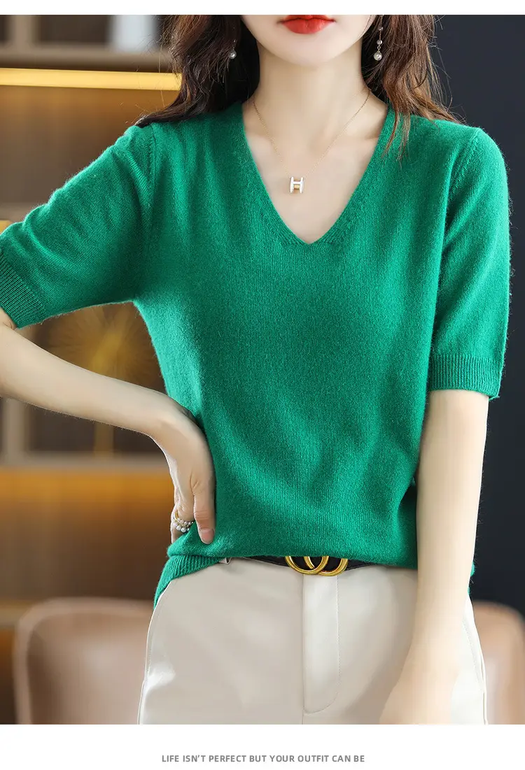 Blue V-Neck Knit V-Pullover Women Casual Top — feature 17
