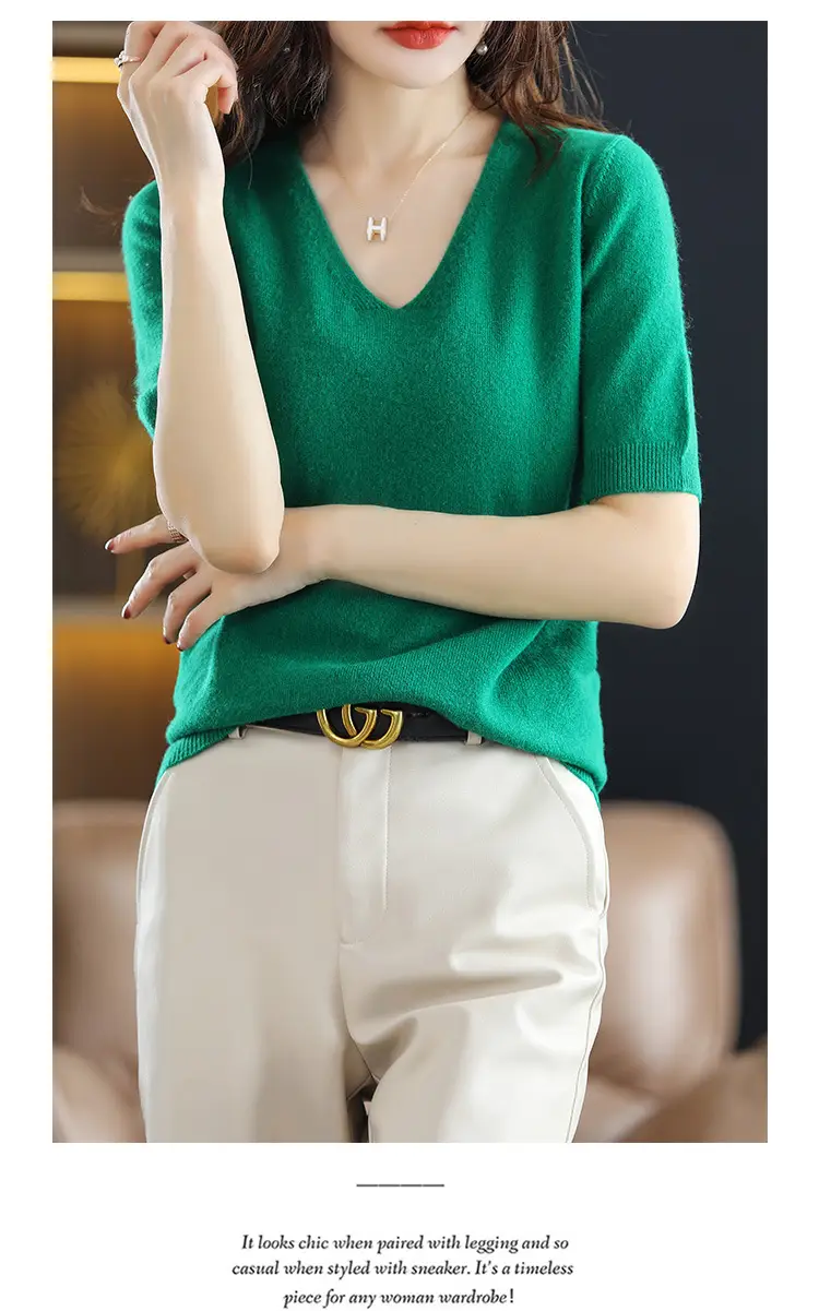 Blue V-Neck Knit V-Pullover Women Casual Top — feature 18