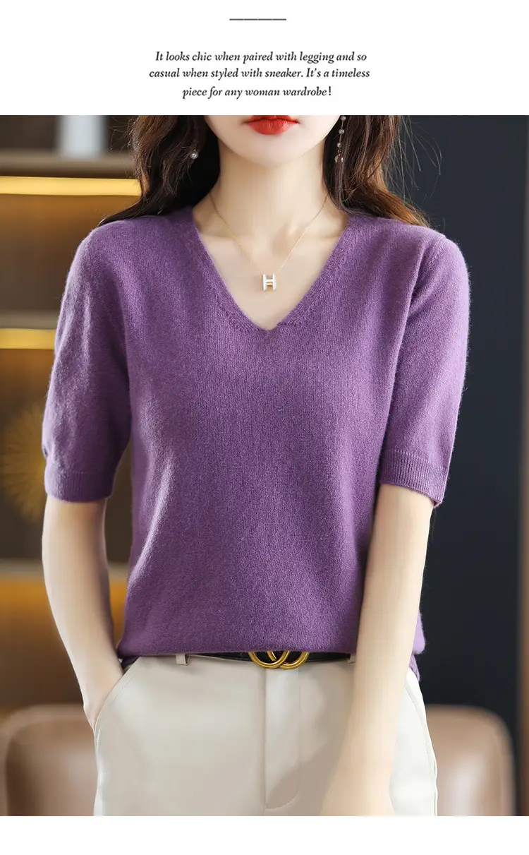 Blue V-Neck Knit V-Pullover Women Casual Top — feature 19
