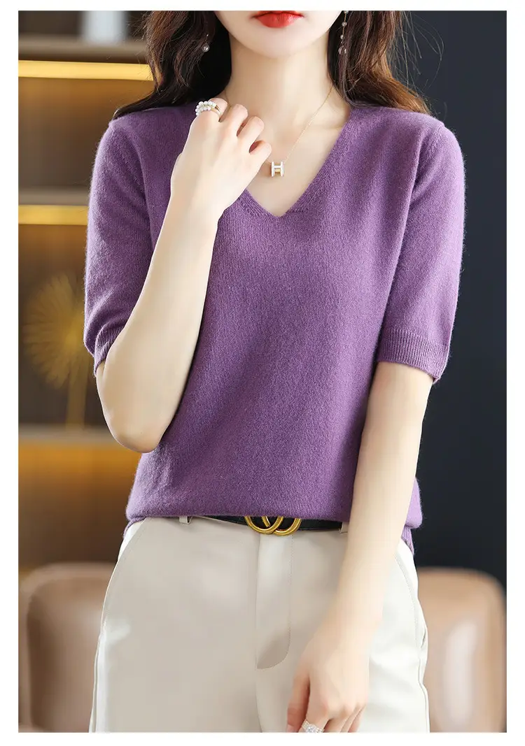 Blue V-Neck Knit V-Pullover Women Casual Top — feature 20