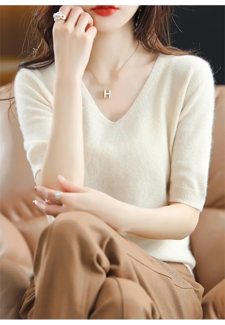 Blue V-Neck Knit V-Pullover Women Casual Top — feature 21