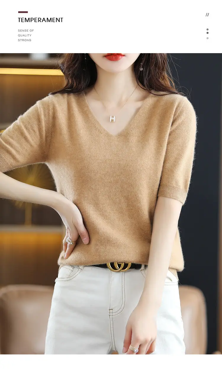 Blue V-Neck Knit V-Pullover Women Casual Top — feature 23