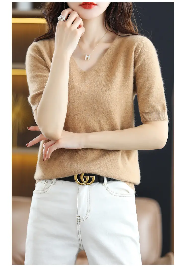 Blue V-Neck Knit V-Pullover Women Casual Top — feature 24