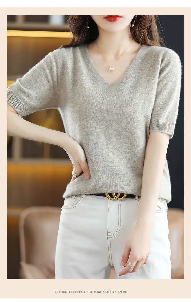 Blue V-Neck Knit V-Pullover Women Casual Top — feature 26