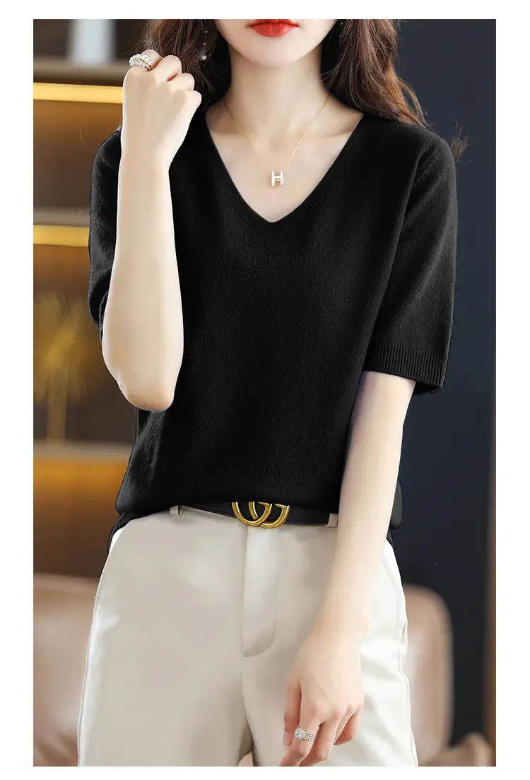 Blue V-Neck Knit V-Pullover Women Casual Top — feature 28