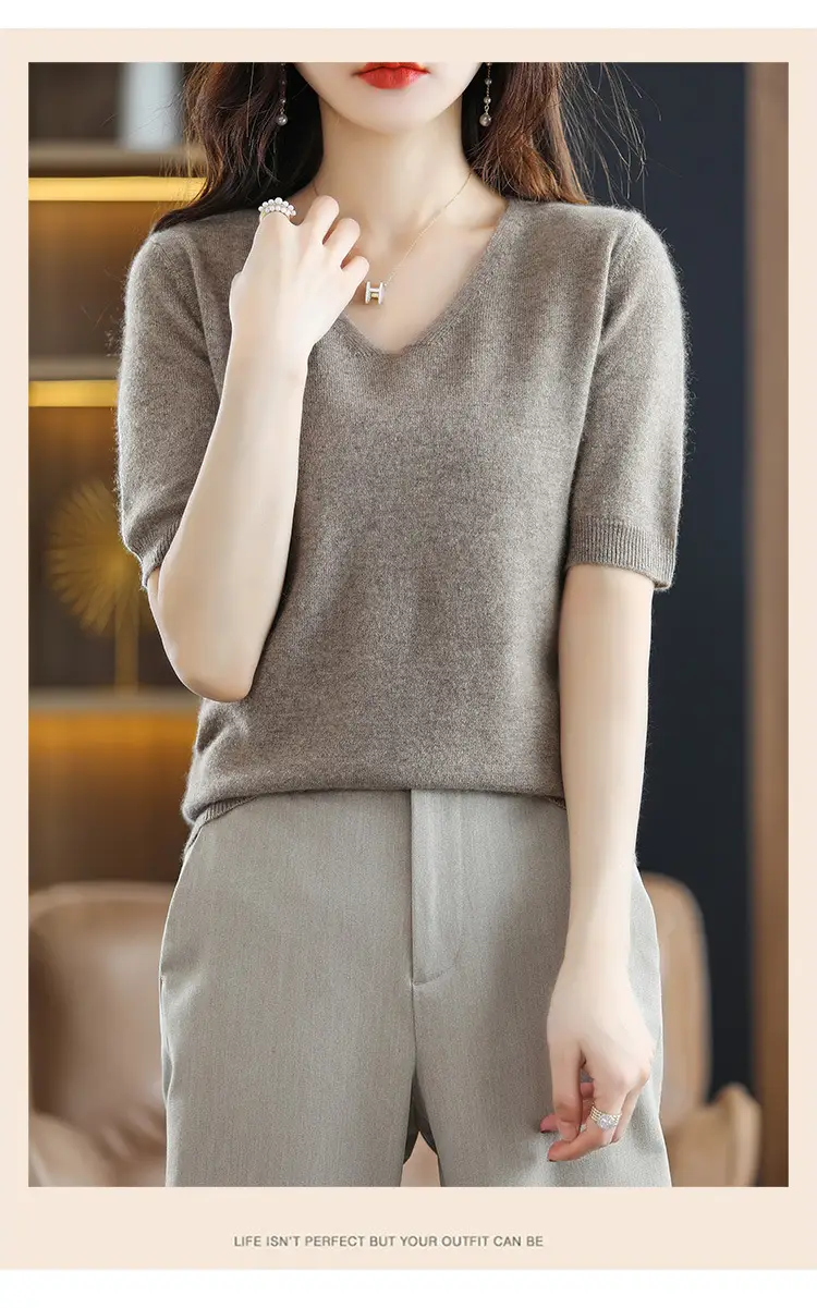 Blue V-Neck Knit V-Pullover Women Casual Top — feature 8