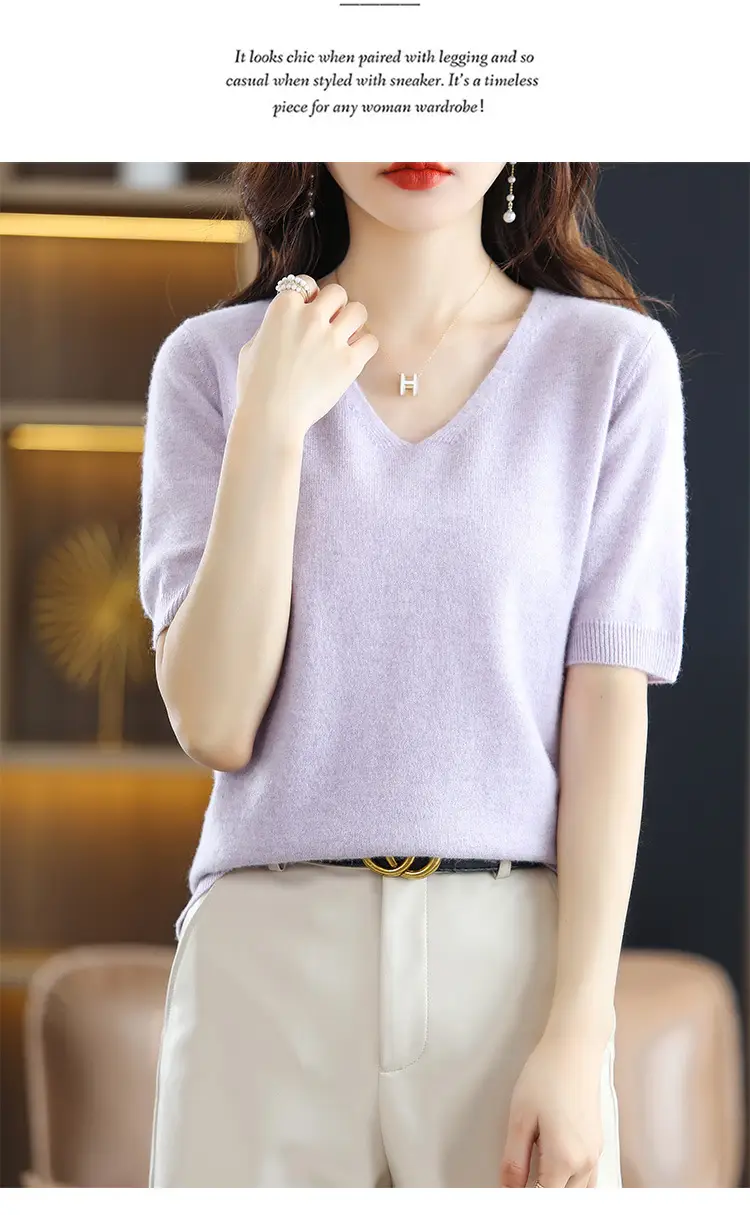 Blue V-Neck Knit V-Pullover Women Casual Top — feature 9