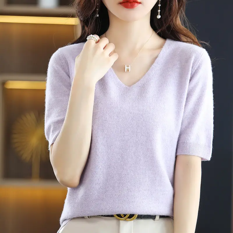 Blue V-Neck Knit V-Pullover Women Casual Top - Image 9