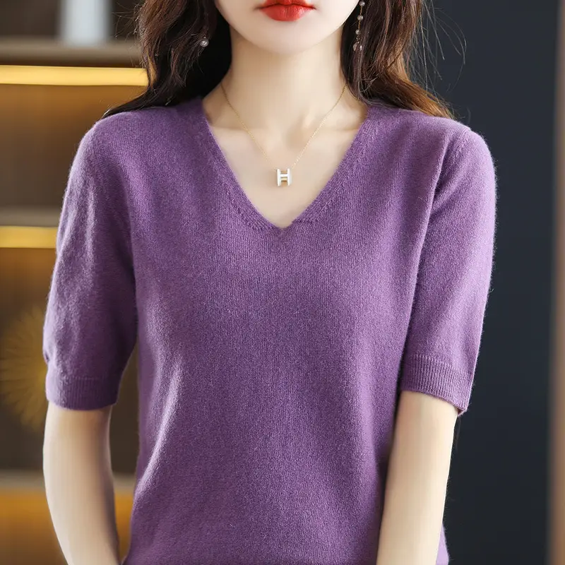 Blue V-Neck Knit V-Pullover Women Casual Top - Image 2