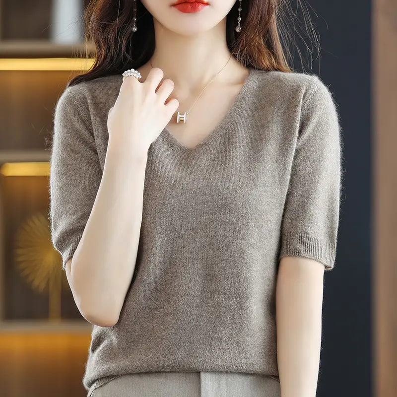 Blue V-Neck Knit V-Pullover Women Casual Top - Image 3