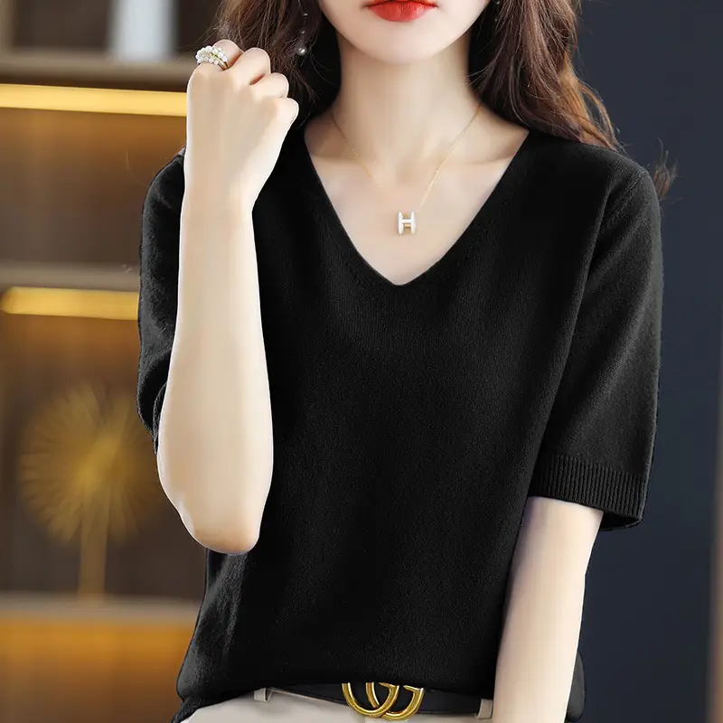Blue V-Neck Knit V-Pullover Women Casual Top - Image 4