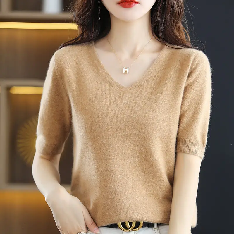 Blue V-Neck Knit V-Pullover Women Casual Top - Image 5