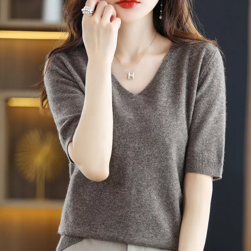 Blue V-Neck Knit V-Pullover Women Casual Top - Image 6