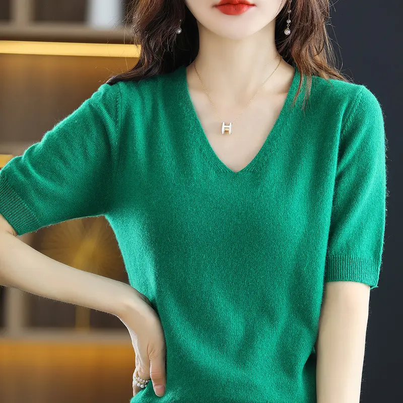 Blue V-Neck Knit V-Pullover Women Casual Top - Image 7