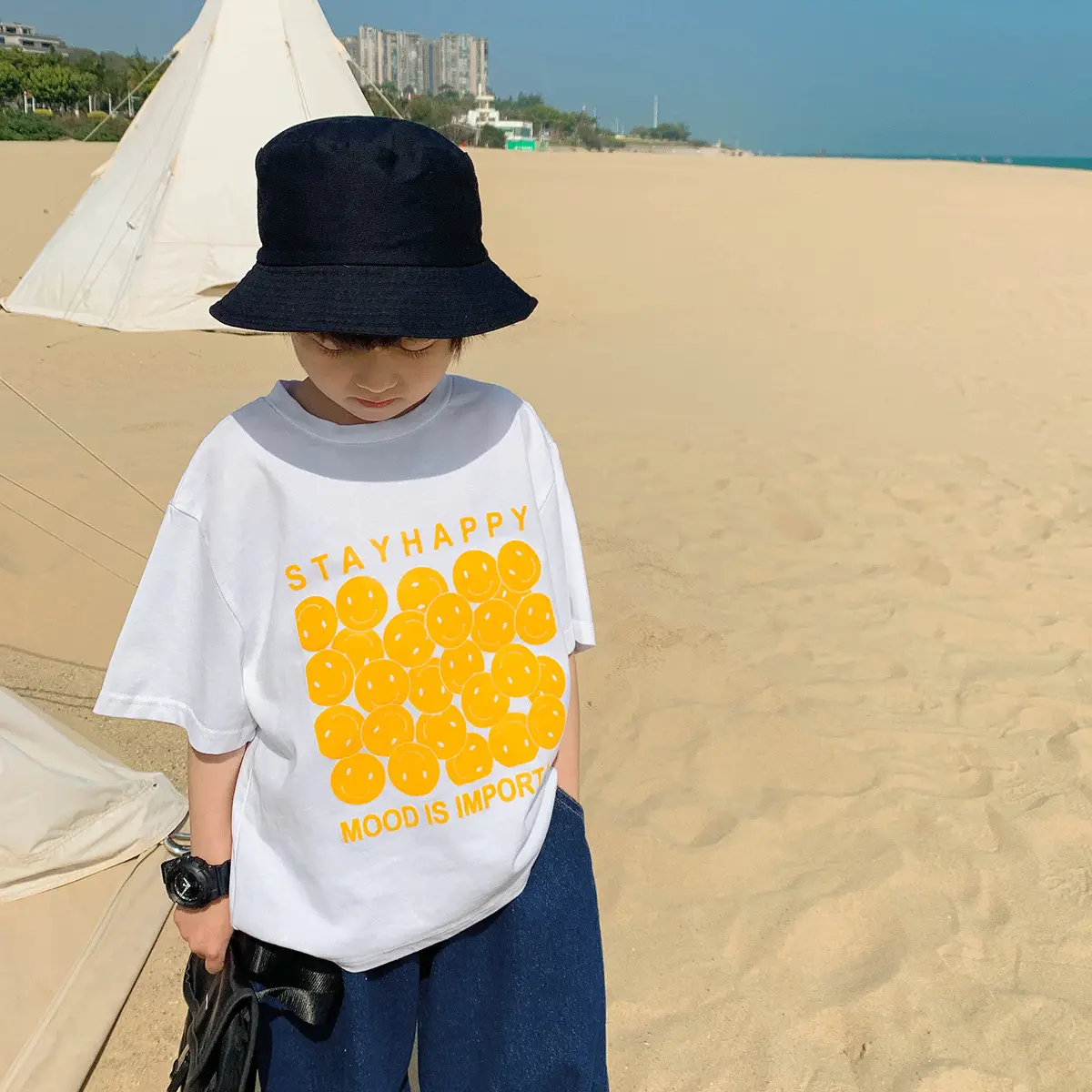 2025 Kids Korean Style Short Sleeve T-Shirt Black Yellow Print - Image 4