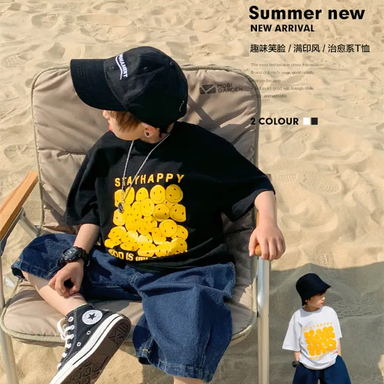 2025 Kids Korean Style Short Sleeve T-Shirt Black Yellow Print - Image 5