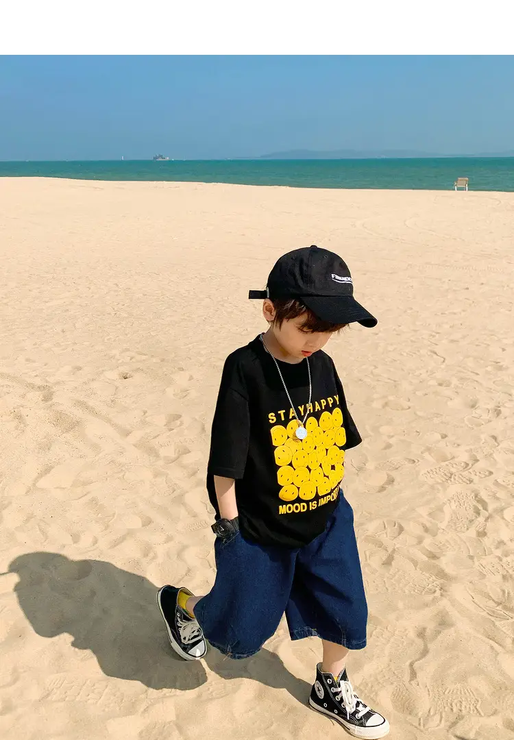 2025 Kids Korean Style Short Sleeve T-Shirt Black Yellow Print — feature 15