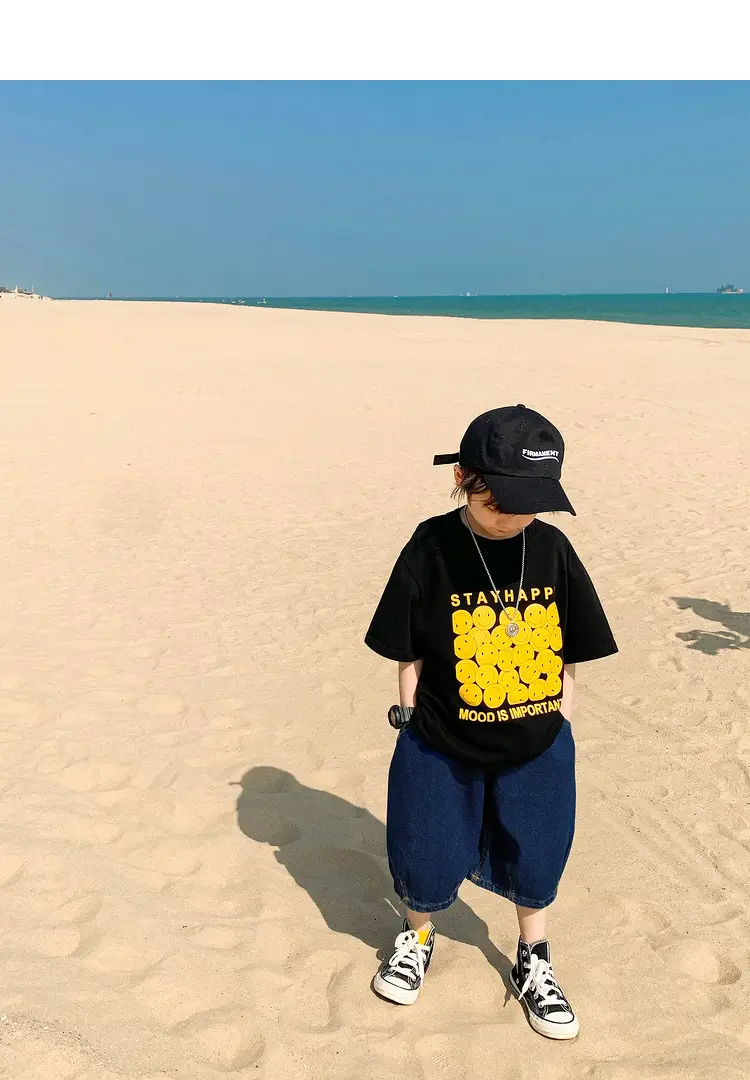 2025 Kids Korean Style Short Sleeve T-Shirt Black Yellow Print — feature 21