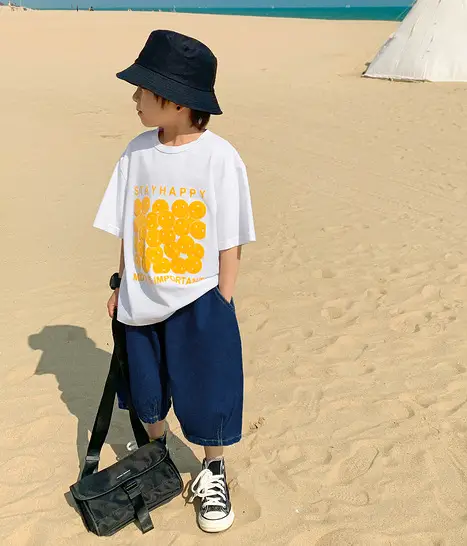 2025 Kids Korean Style Short Sleeve T-Shirt Black Yellow Print — feature 7