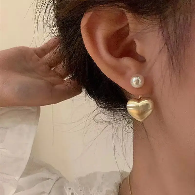 14K Gold Heart Pearl Earrings for Women