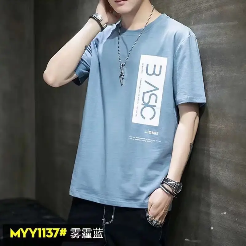 Men Blue Thin Short Sleeve T-Shirt Round Neck Summer - Image 3