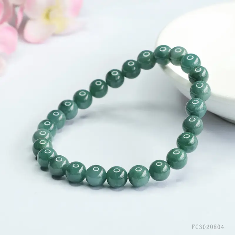 Guan Yu Jade Bracelet Blue Water Round Beads - Image 3