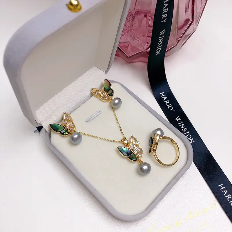 Freshwater Pearl Earrings with Abalone Butterfly Jewelry Set - Image 4