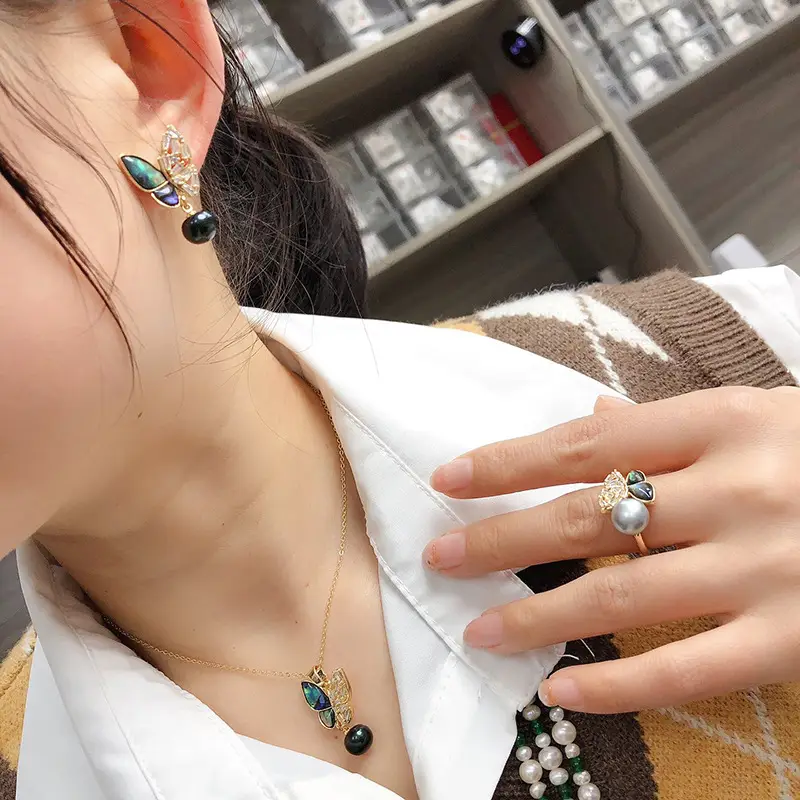 Freshwater Pearl Earrings with Abalone Butterfly Jewelry Set - Image 7