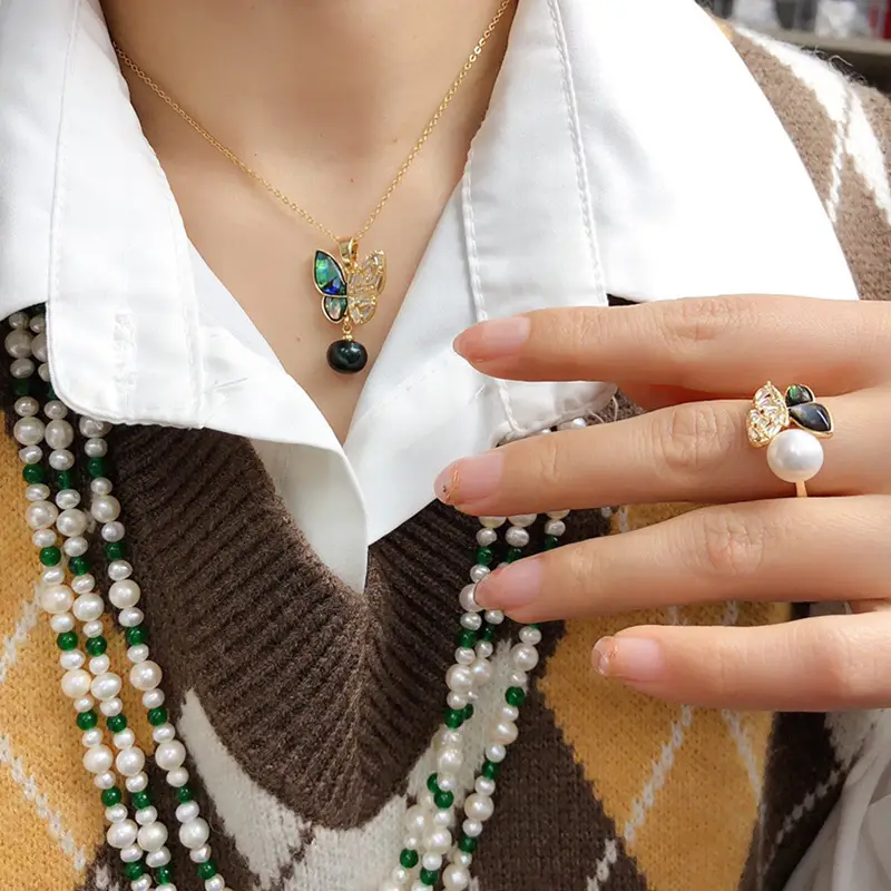 Freshwater Pearl Earrings with Abalone Butterfly Jewelry Set — feature 8