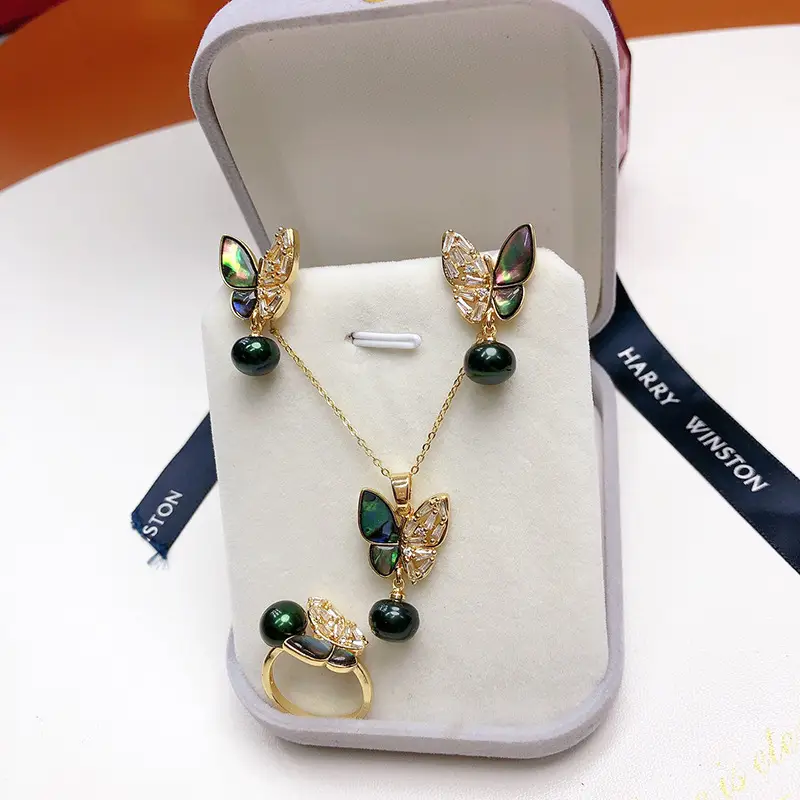 Freshwater Pearl Earrings with Abalone Butterfly Jewelry Set - Image 5