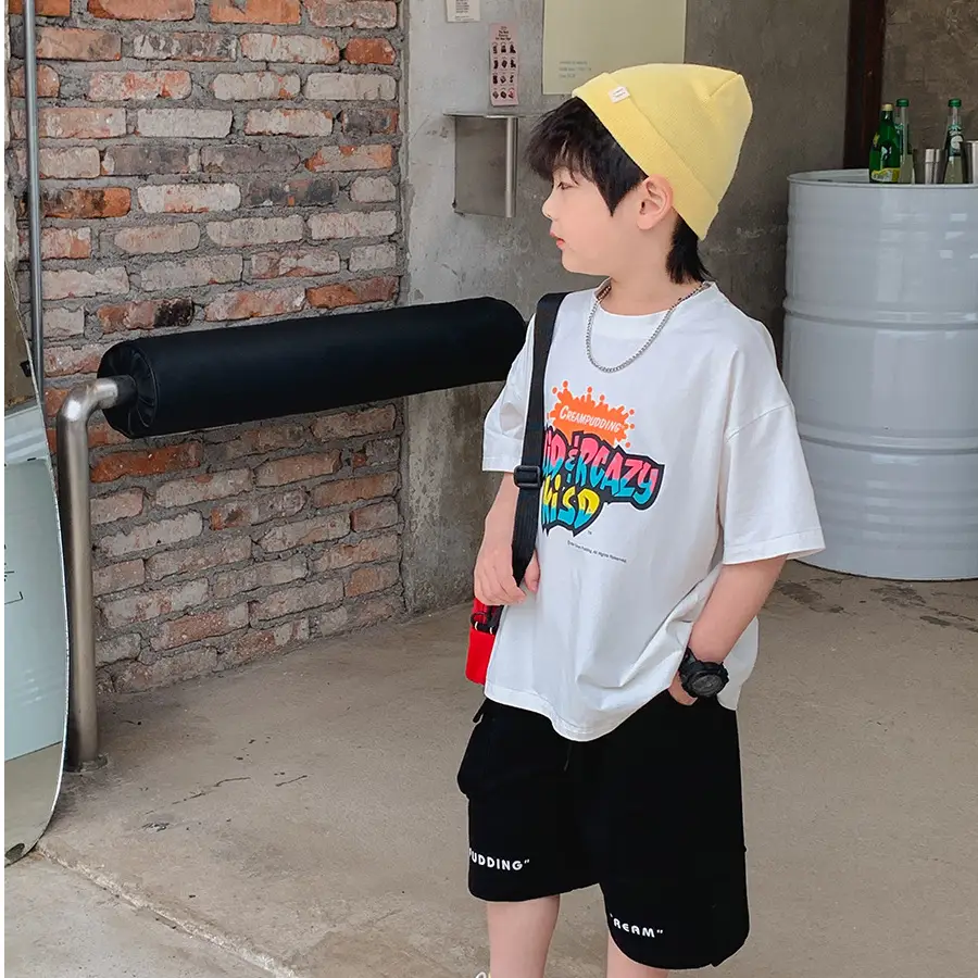 2025 Summer Boys White Graphic T-Shirt Black Shorts Set - Image 3