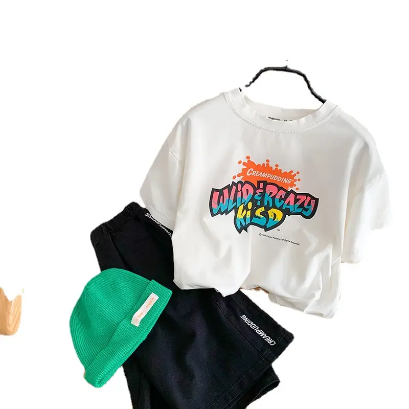 2025 Summer Boys White Graphic T-Shirt Black Shorts Set - Image 6