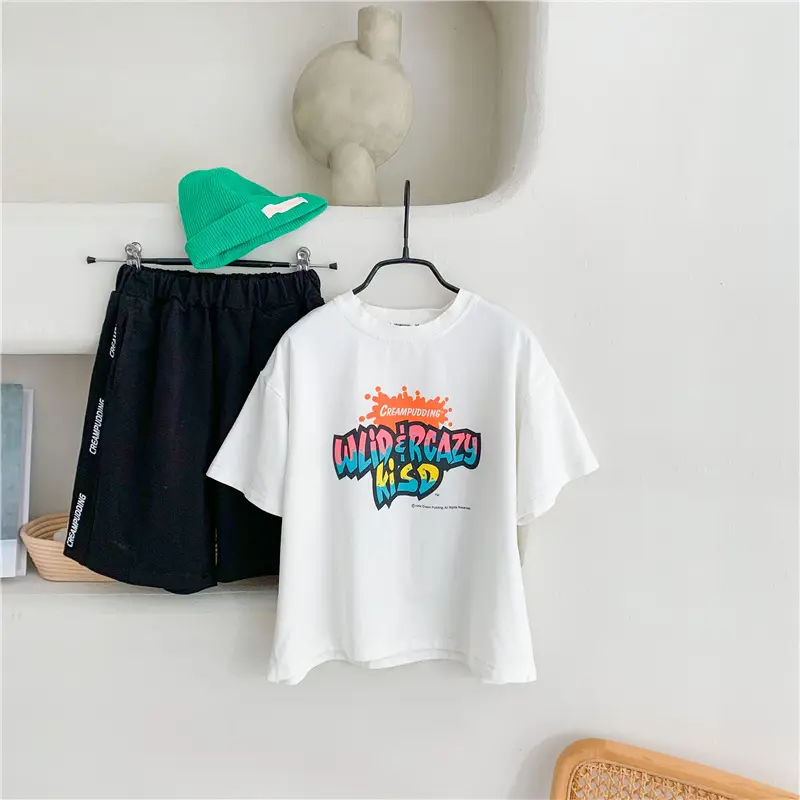 2025 Summer Boys White Graphic T-Shirt Black Shorts Set — feature 1