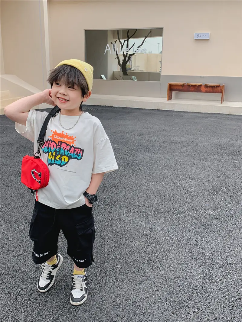2025 Summer Boys White Graphic T-Shirt Black Shorts Set — feature 15
