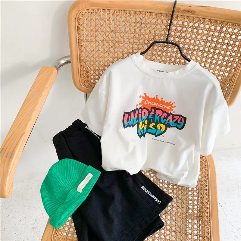 2025 Summer Boys White Graphic T-Shirt Black Shorts Set — feature 2