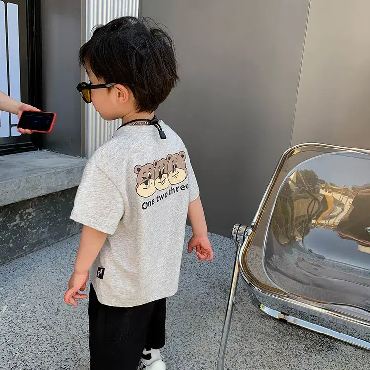 2025 Summer New Boys T-shirt Gray Kids Casual Top - Image 3